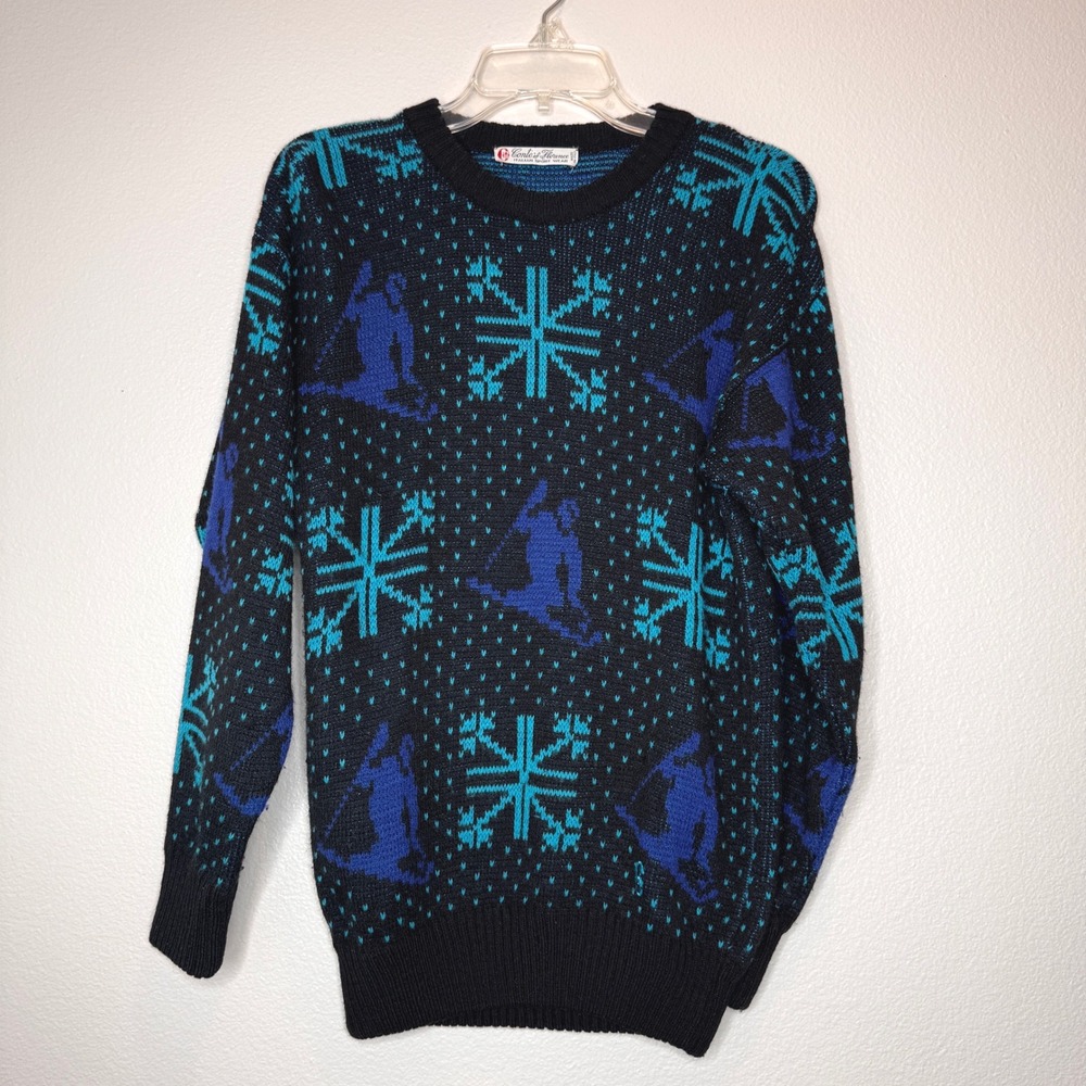 VTG CONTE OF FLORENCE Wool Ski Sweater‎ SM/MED Skiers Snowflakes Outdoor Winter